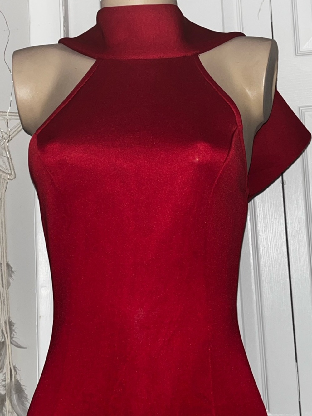 Red High-Neck Cold-Shoulder Dress with mock neck and huge bow detail on back
